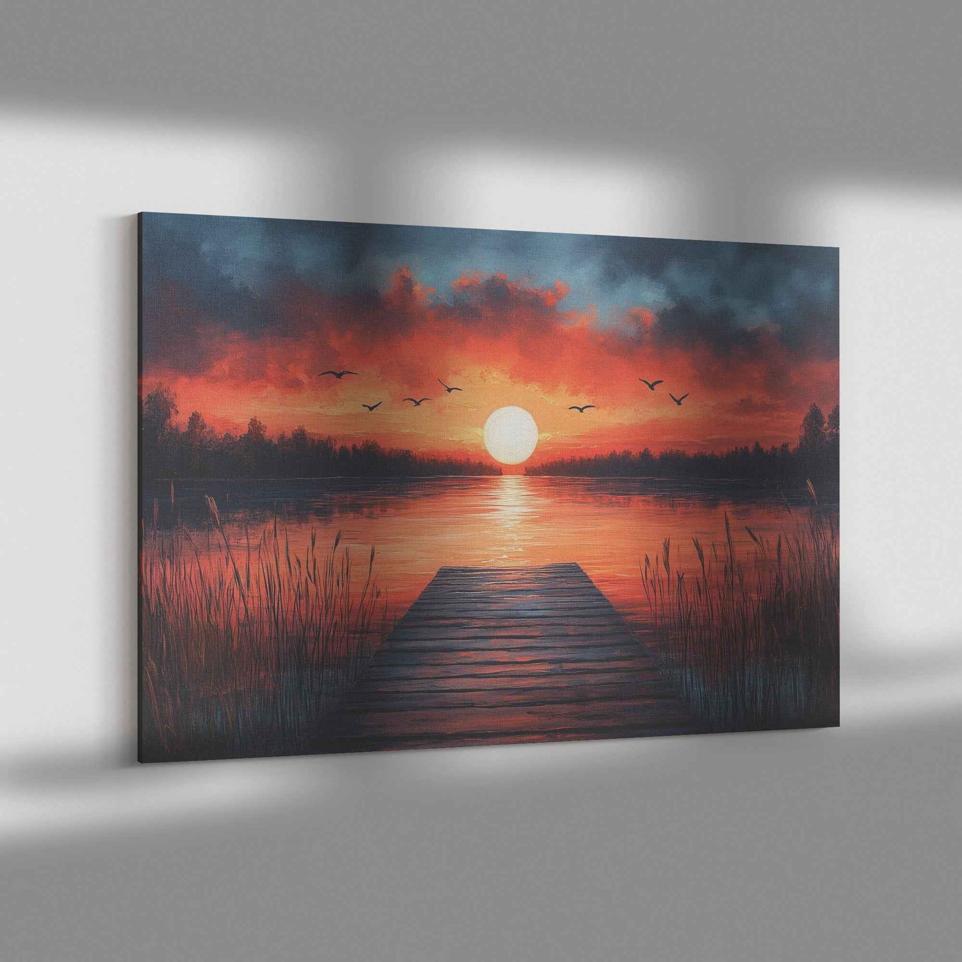 Enchanting Sunset Lake with Wooden Dock and Birds  Tranquil Natural Scenery Canvas Wall Art