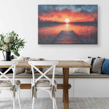 Enchanting Sunset Lake with Wooden Dock and Birds  Tranquil Natural Scenery Canvas Wall Art