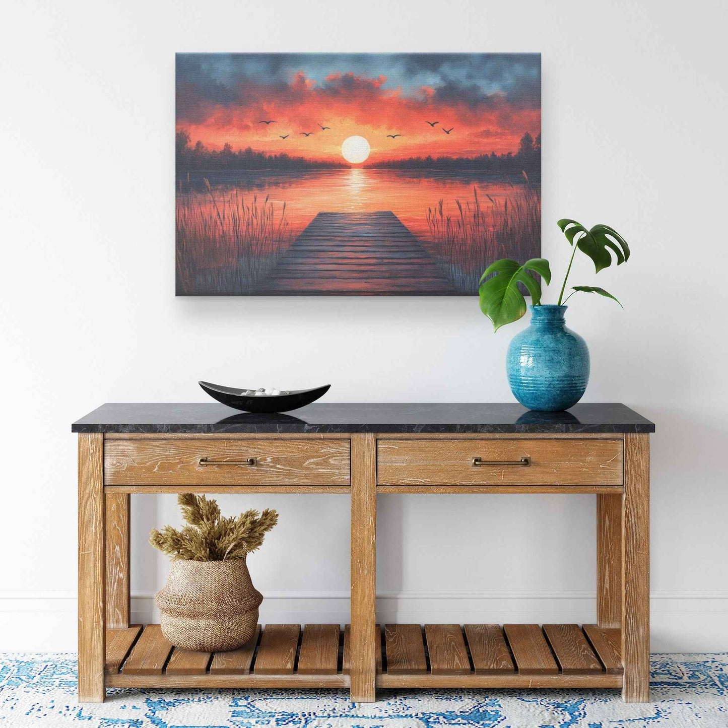 Enchanting Sunset Lake with Wooden Dock and Birds  Tranquil Natural Scenery Canvas Wall Art