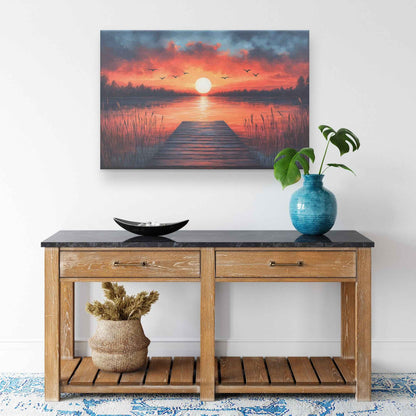 Enchanting Sunset Lake with Wooden Dock and Birds  Tranquil Natural Scenery Canvas Wall Art