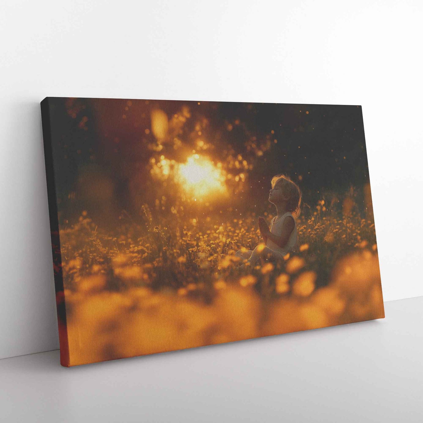 Enchanting Sunset Prayer Child Surrounded Yellow Wildflowers and Fireflies   Dreamy Christian Canvas Wall Art Decor