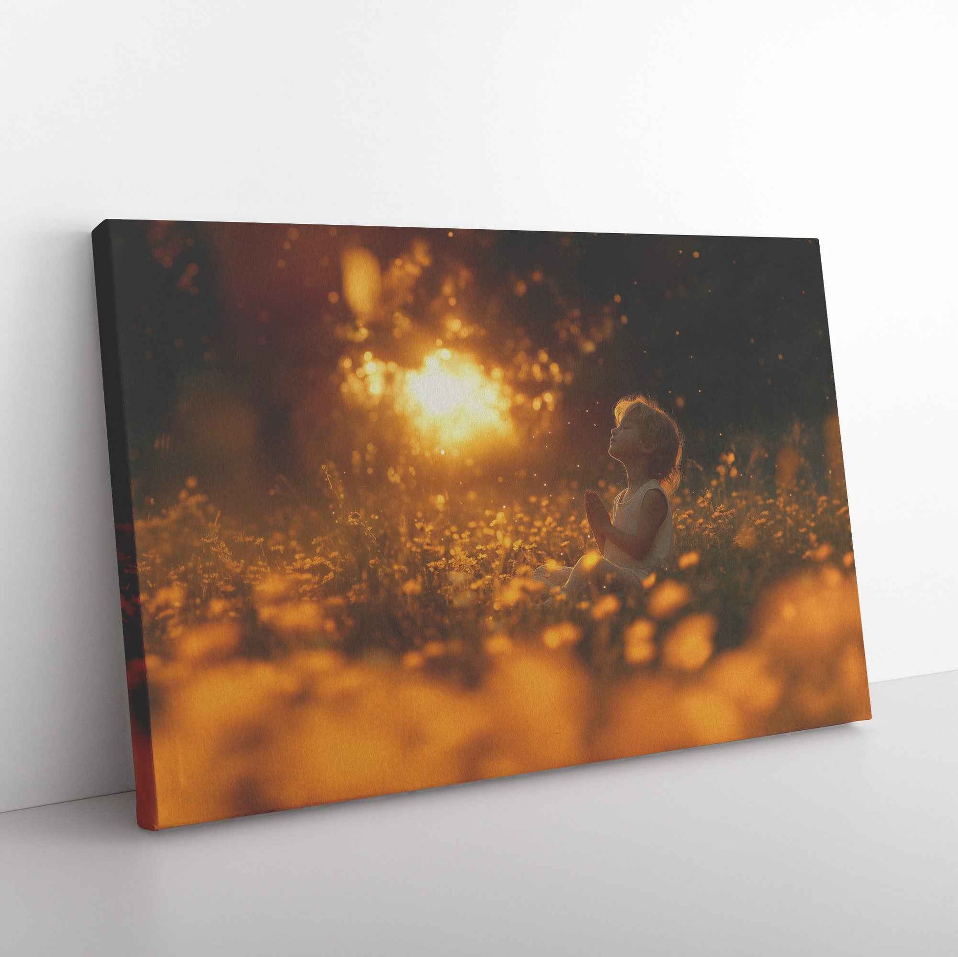 Enchanting Sunset Prayer Child Surrounded Yellow Wildflowers and Fireflies   Dreamy Christian Canvas Wall Art Decor