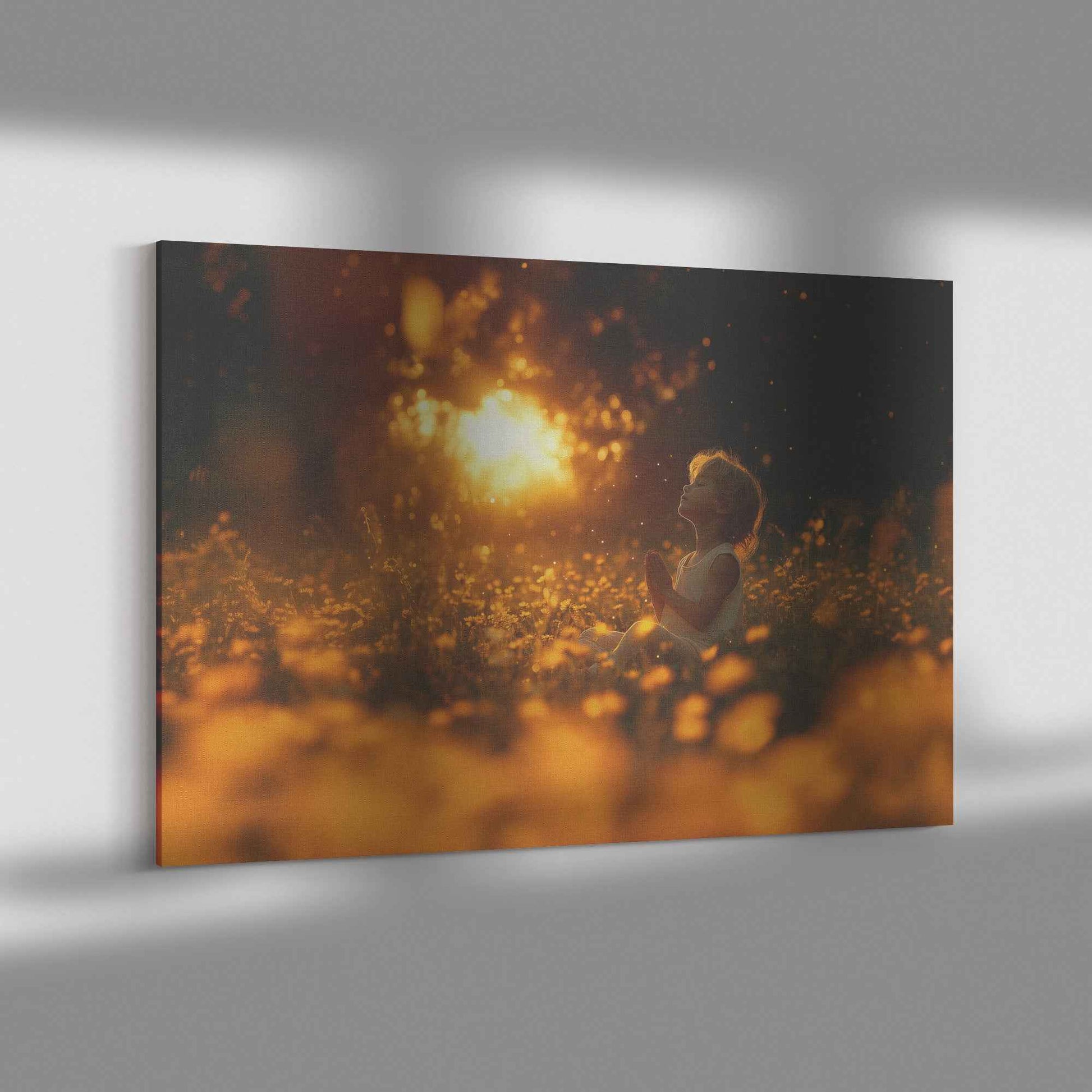 Enchanting Sunset Prayer Child Surrounded Yellow Wildflowers and Fireflies   Dreamy Christian Canvas Wall Art Decor