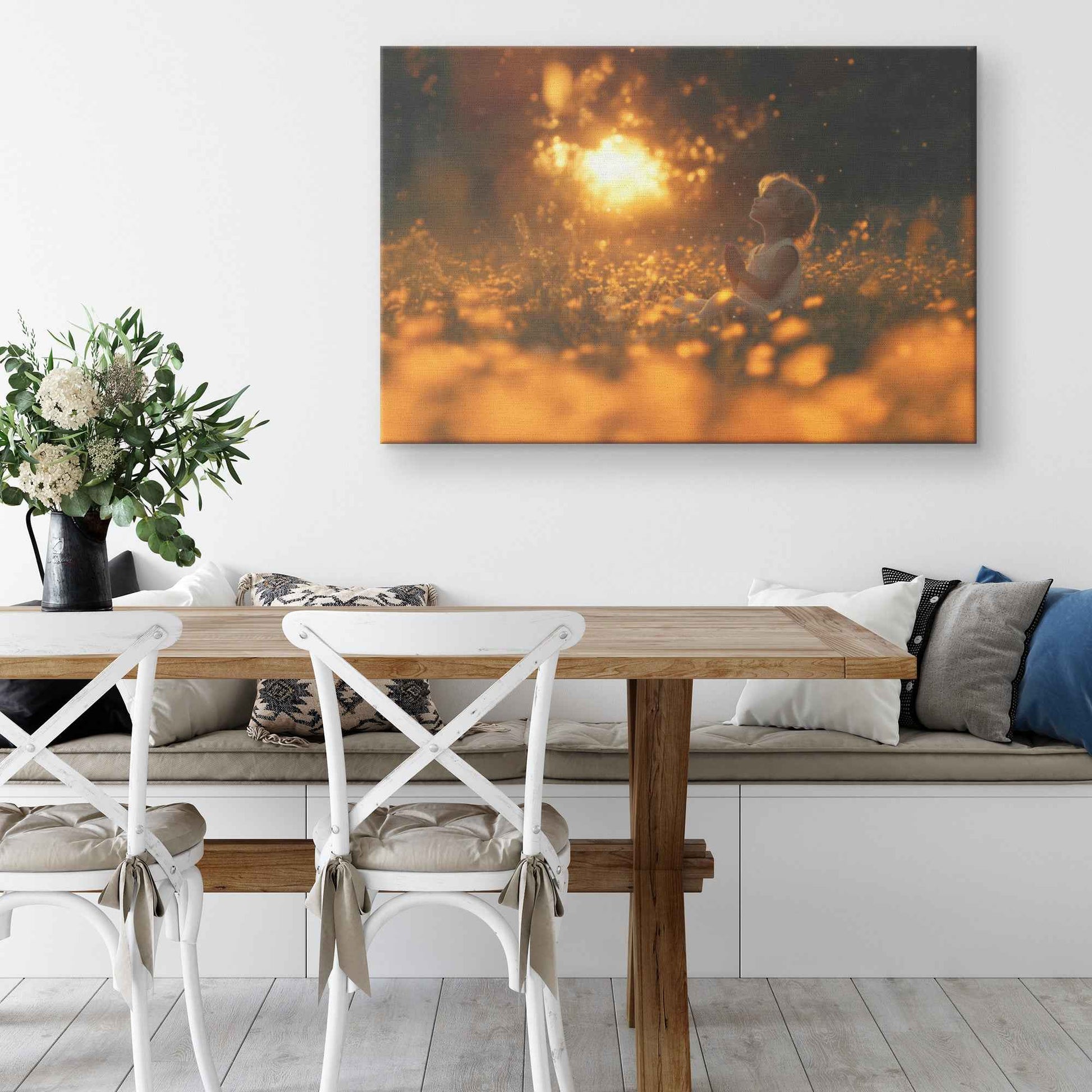 Enchanting Sunset Prayer Child Surrounded Yellow Wildflowers and Fireflies   Dreamy Christian Canvas Wall Art Decor