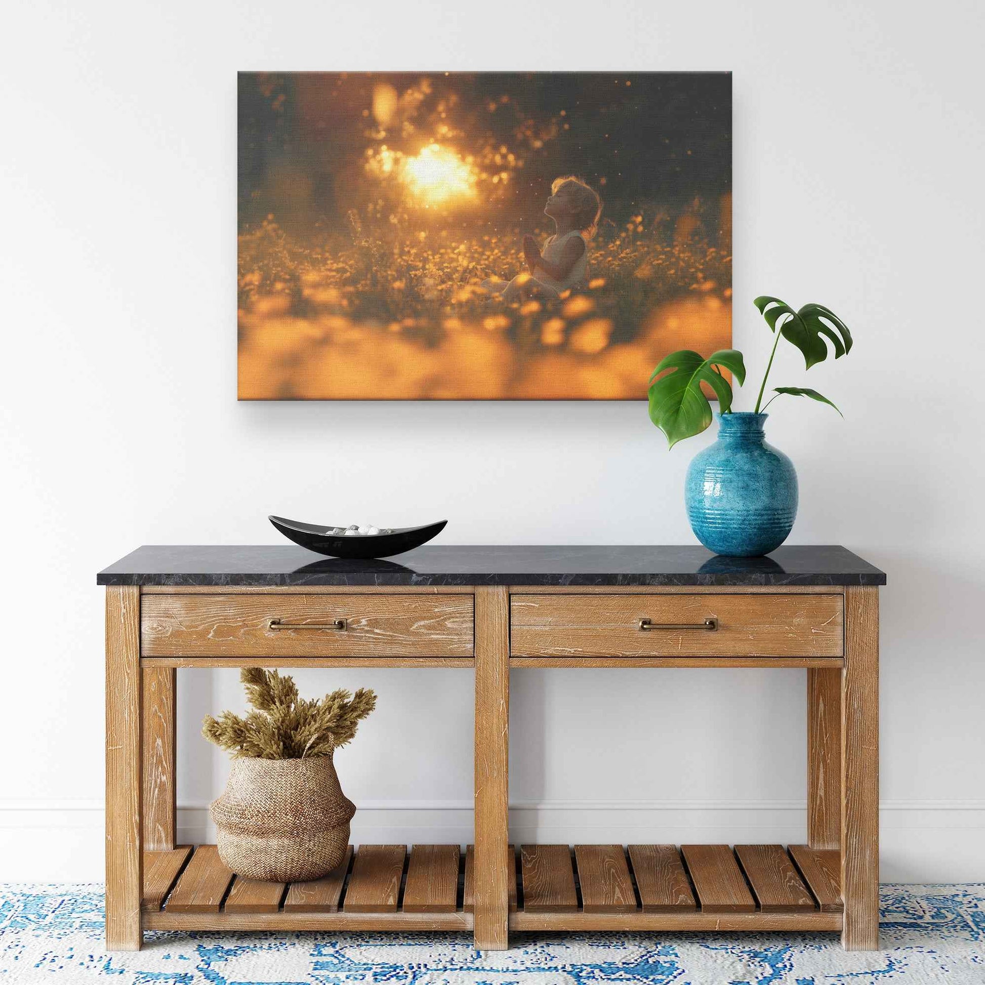 Enchanting Sunset Prayer Child Surrounded Yellow Wildflowers and Fireflies   Dreamy Christian Canvas Wall Art Decor