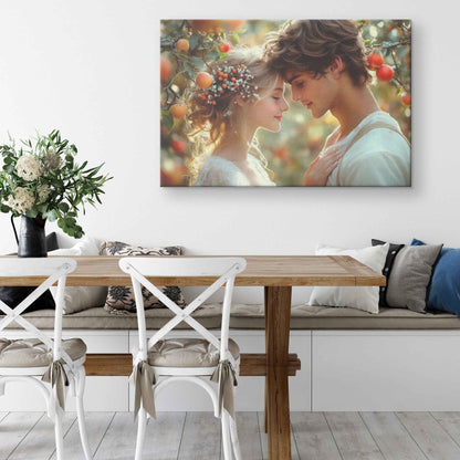 Eternal Love Adam and Eve Embraced in a Dreamy Orchard of Apple Trees   Romantic Canvas Wall Art Decor