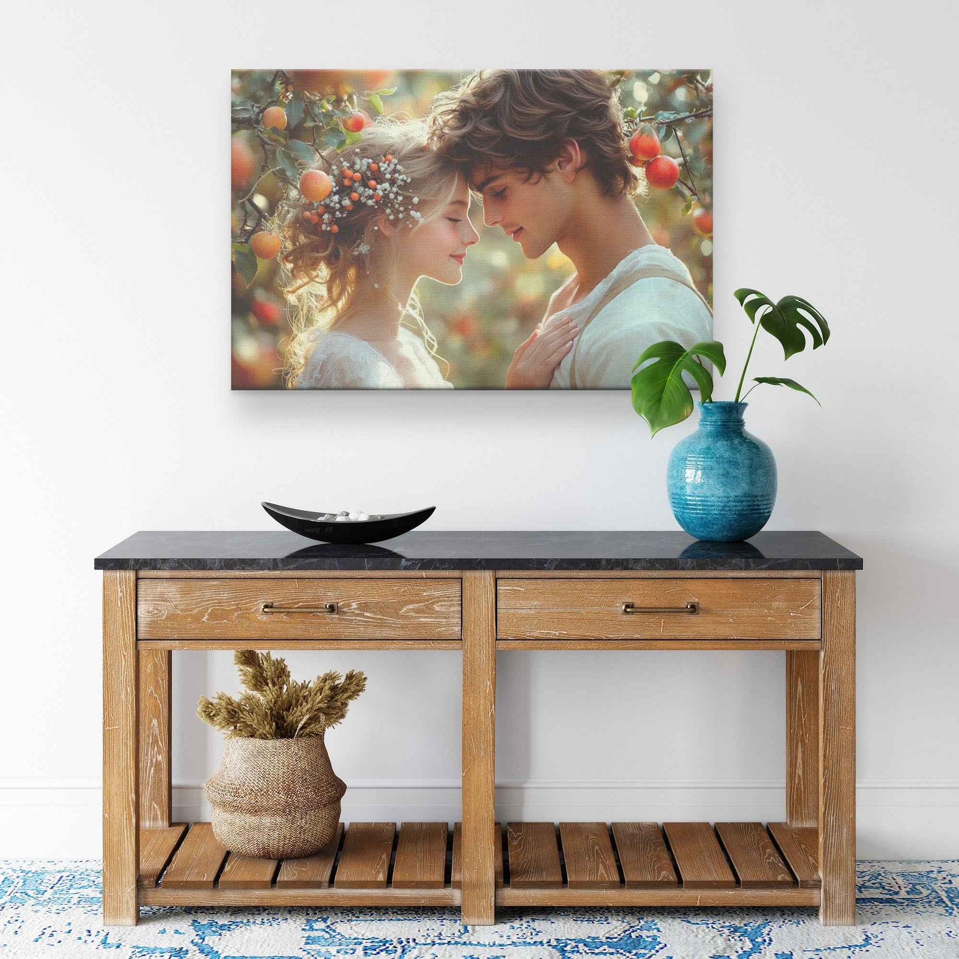 Eternal Love Adam and Eve Embraced in a Dreamy Orchard of Apple Trees   Romantic Canvas Wall Art Decor