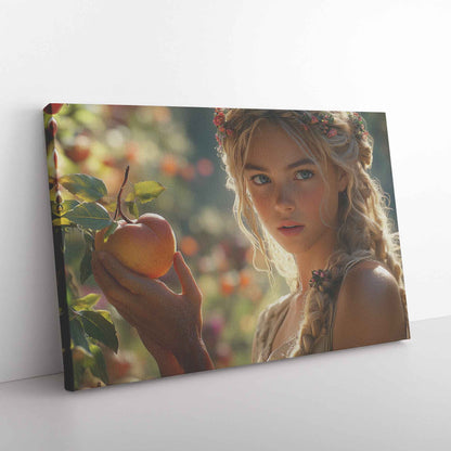 Ethereal Eve Enchanting Young Woman with Flower Adorned Hair Picking Apples in a Sunlit Orchard   Magical Fantasy Canvas Wall Art Decor