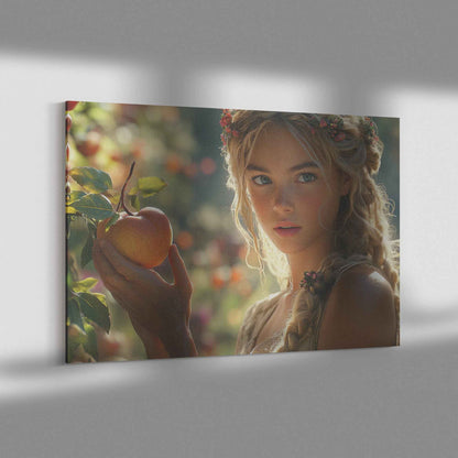 Ethereal Eve Enchanting Young Woman with Flower Adorned Hair Picking Apples in a Sunlit Orchard   Magical Fantasy Canvas Wall Art Decor