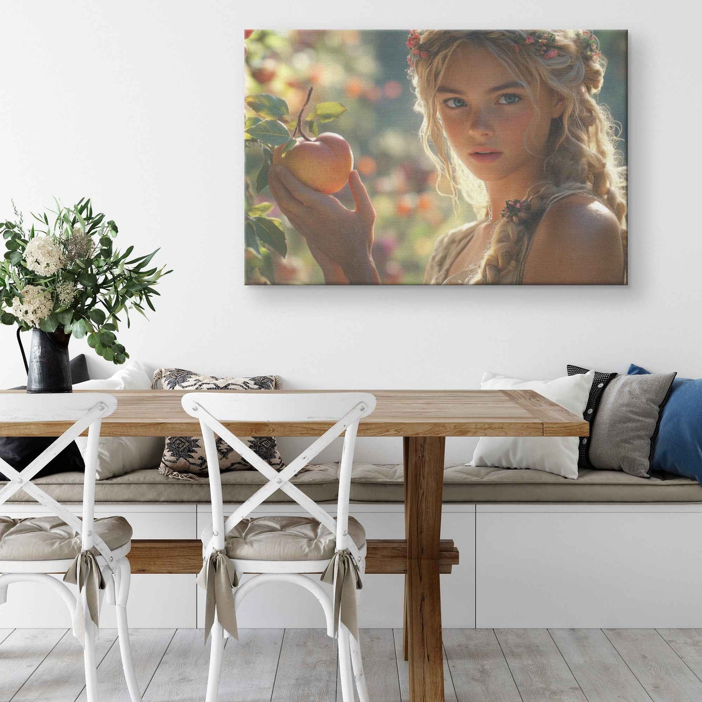 Ethereal Eve Enchanting Young Woman with Flower Adorned Hair Picking Apples in a Sunlit Orchard   Magical Fantasy Canvas Wall Art Decor