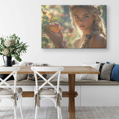 Ethereal Eve Enchanting Young Woman with Flower Adorned Hair Picking Apples in a Sunlit Orchard   Magical Fantasy Canvas Wall Art Decor