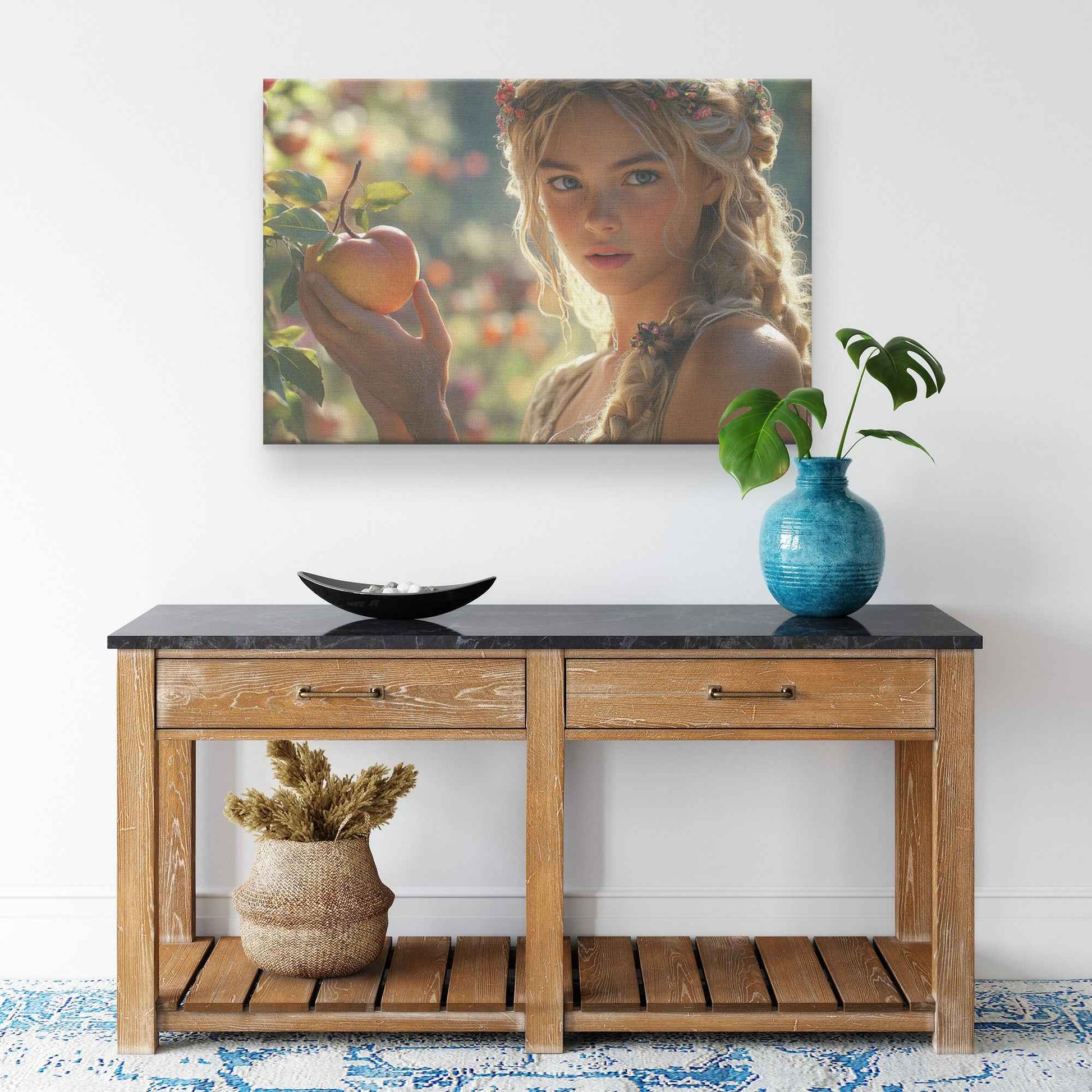 Ethereal Eve Enchanting Young Woman with Flower Adorned Hair Picking Apples in a Sunlit Orchard   Magical Fantasy Canvas Wall Art Decor