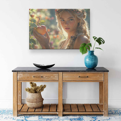 Ethereal Eve Enchanting Young Woman with Flower Adorned Hair Picking Apples in a Sunlit Orchard   Magical Fantasy Canvas Wall Art Decor