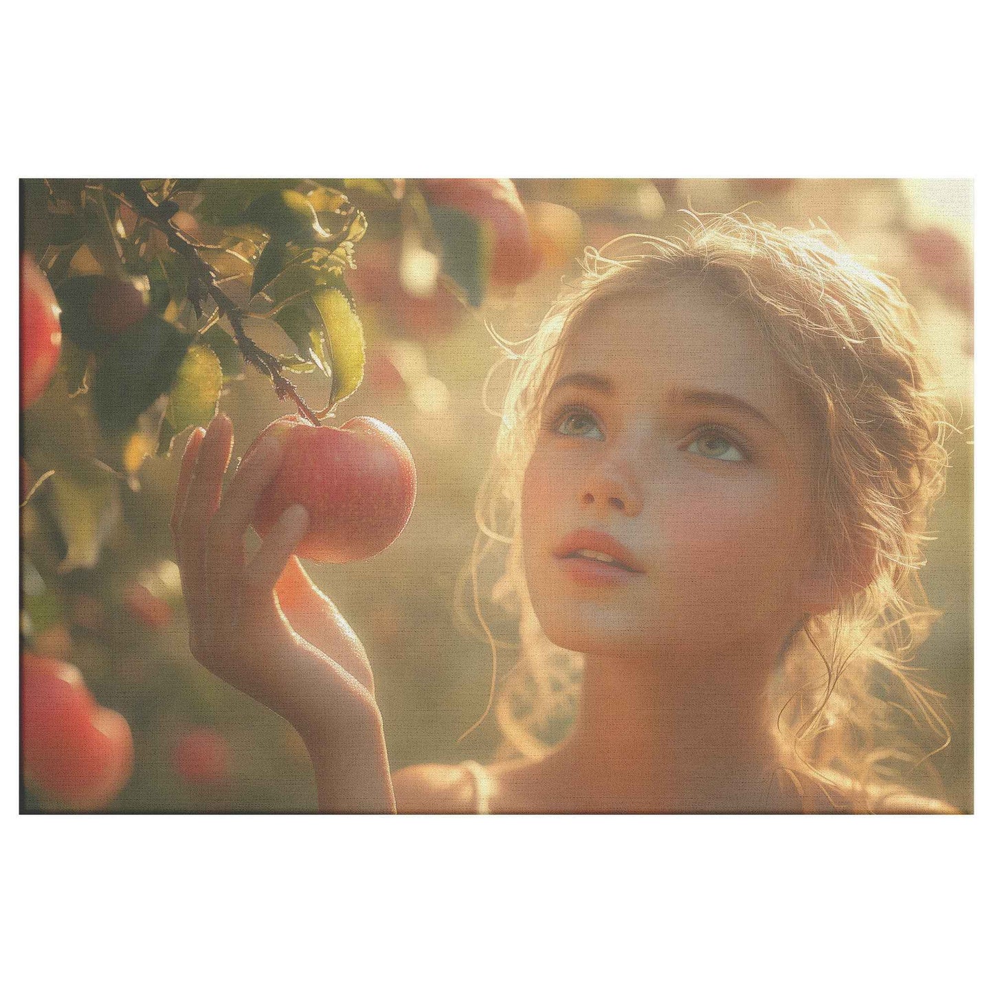 Eve in Paradise: Young Woman Reaching for Sunlit Apples in a Lush Orchard –  Stunning Christian Canvas Wall Art Decor
