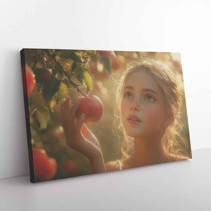Eve in Paradise: Young Woman Reaching for Sunlit Apples in a Lush Orchard –  Stunning Christian Canvas Wall Art Decor