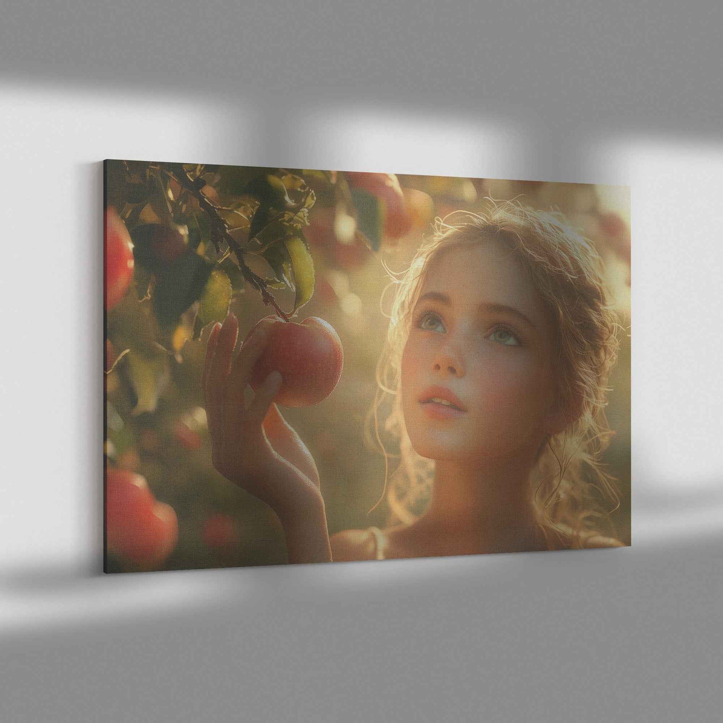 Eve in Paradise: Young Woman Reaching for Sunlit Apples in a Lush Orchard –  Stunning Christian Canvas Wall Art Decor