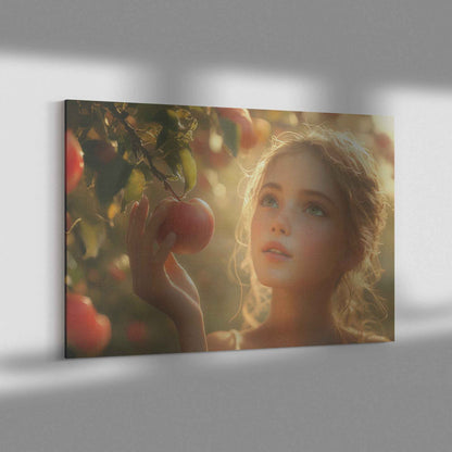 Eve in Paradise: Young Woman Reaching for Sunlit Apples in a Lush Orchard –  Stunning Christian Canvas Wall Art Decor