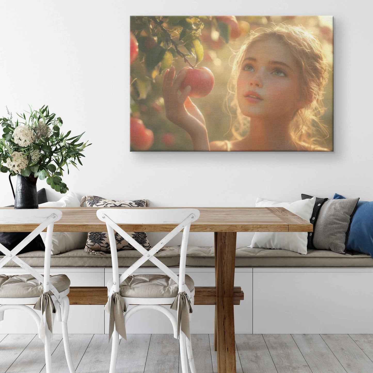 Eve in Paradise: Young Woman Reaching for Sunlit Apples in a Lush Orchard –  Stunning Christian Canvas Wall Art Decor