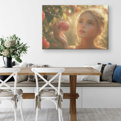 Eve in Paradise: Young Woman Reaching for Sunlit Apples in a Lush Orchard –  Stunning Christian Canvas Wall Art Decor