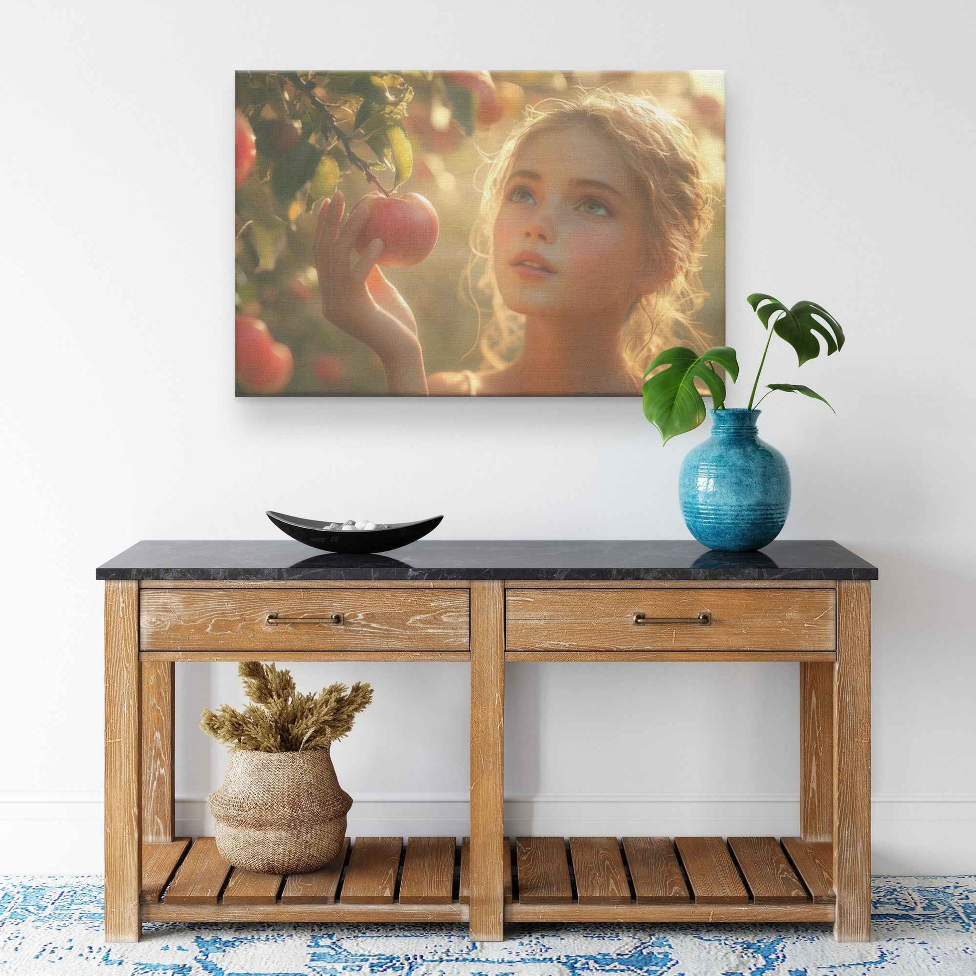 Eve in Paradise: Young Woman Reaching for Sunlit Apples in a Lush Orchard –  Stunning Christian Canvas Wall Art Decor
