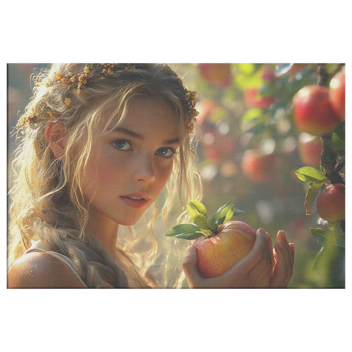 Eve in the Apple Orchard Enchanting Young Woman with Flowered Hair Admiring Ripe Apples Under the Sun   Exquisite Christian Canvas Wall Art Decor
