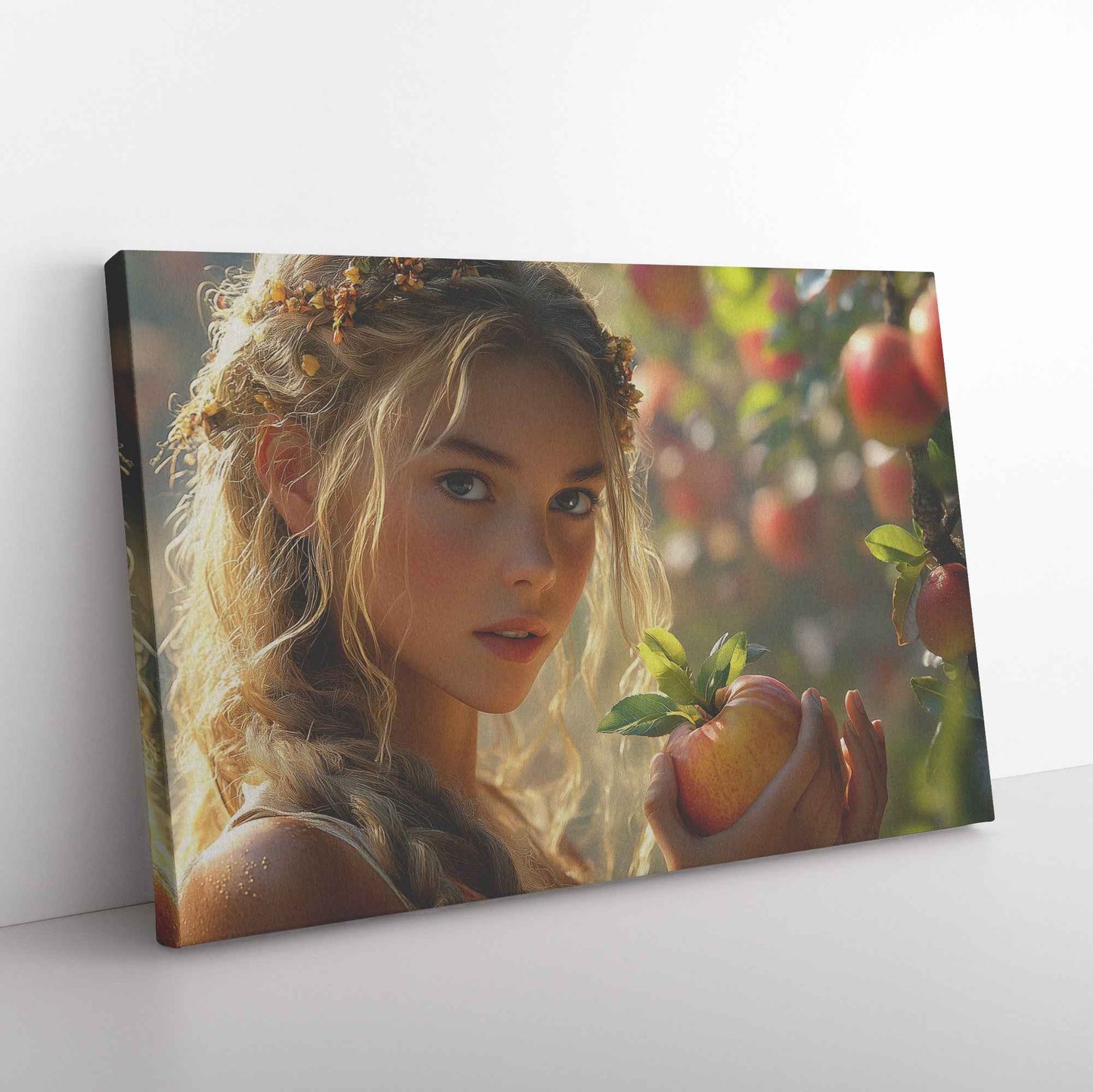 Eve in the Apple Orchard Enchanting Young Woman with Flowered Hair Admiring Ripe Apples Under the Sun   Exquisite Christian Canvas Wall Art Decor