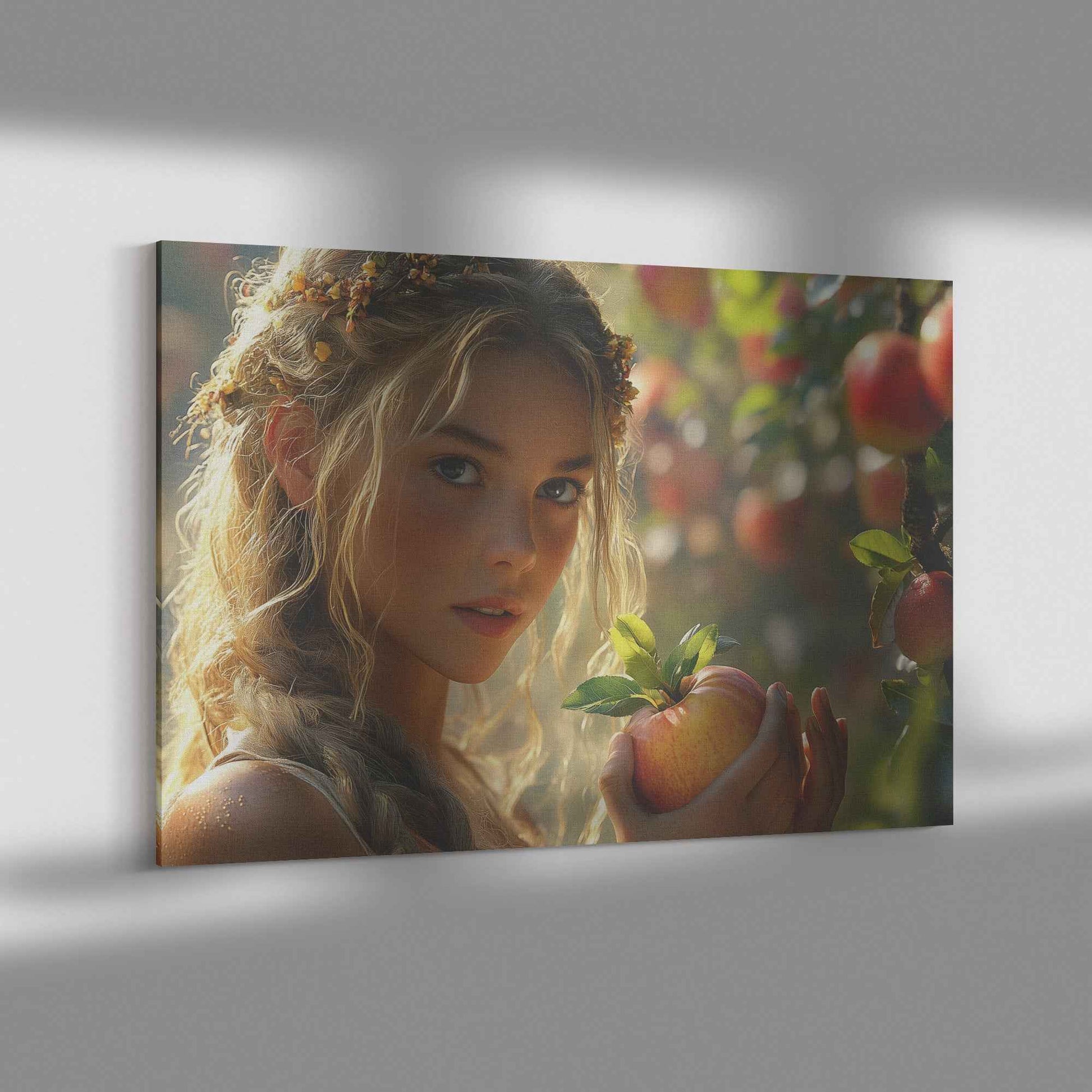 Eve in the Apple Orchard Enchanting Young Woman with Flowered Hair Admiring Ripe Apples Under the Sun   Exquisite Christian Canvas Wall Art Decor