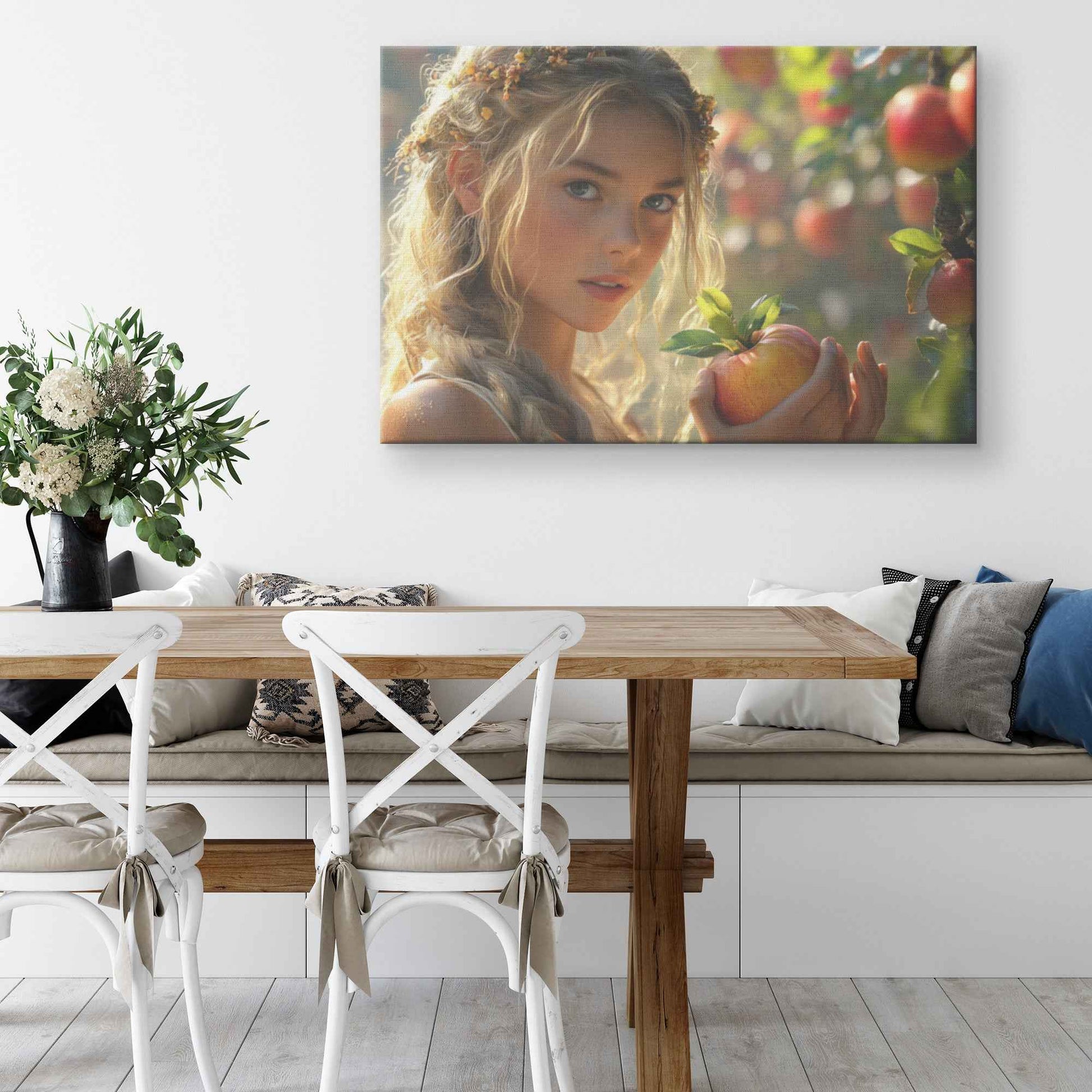 Eve in the Apple Orchard Enchanting Young Woman with Flowered Hair Admiring Ripe Apples Under the Sun   Exquisite Christian Canvas Wall Art Decor