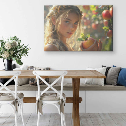 Eve in the Apple Orchard Enchanting Young Woman with Flowered Hair Admiring Ripe Apples Under the Sun   Exquisite Christian Canvas Wall Art Decor