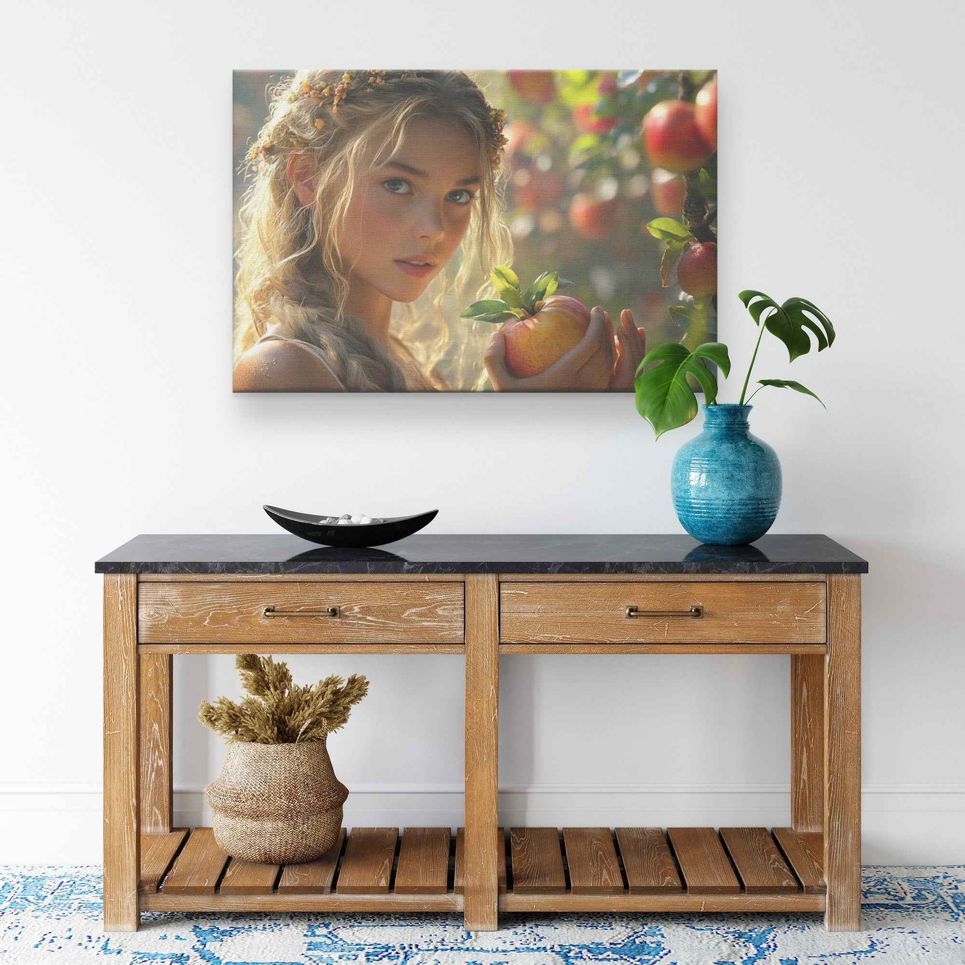 Eve in the Apple Orchard Enchanting Young Woman with Flowered Hair Admiring Ripe Apples Under the Sun   Exquisite Christian Canvas Wall Art Decor