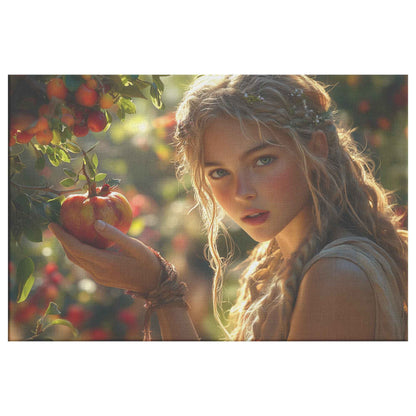 Eve's Enchantment Radiant Young Woman in Greek Toga Picking Apples   Timeless Christian Canvas Wall Art Decor