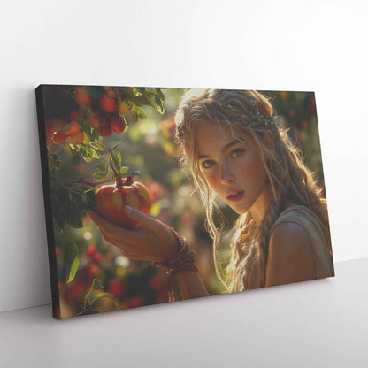 Eve's Enchantment Radiant Young Woman in Greek Toga Picking Apples   Timeless Christian Canvas Wall Art Decor