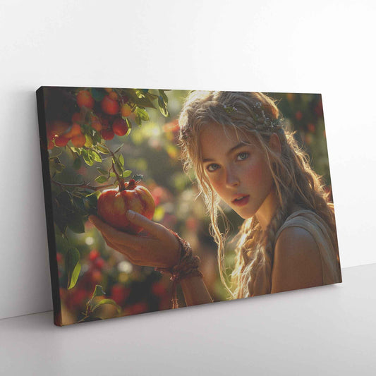 Eve's Enchantment Radiant Young Woman in Greek Toga Picking Apples   Timeless Christian Canvas Wall Art Decor