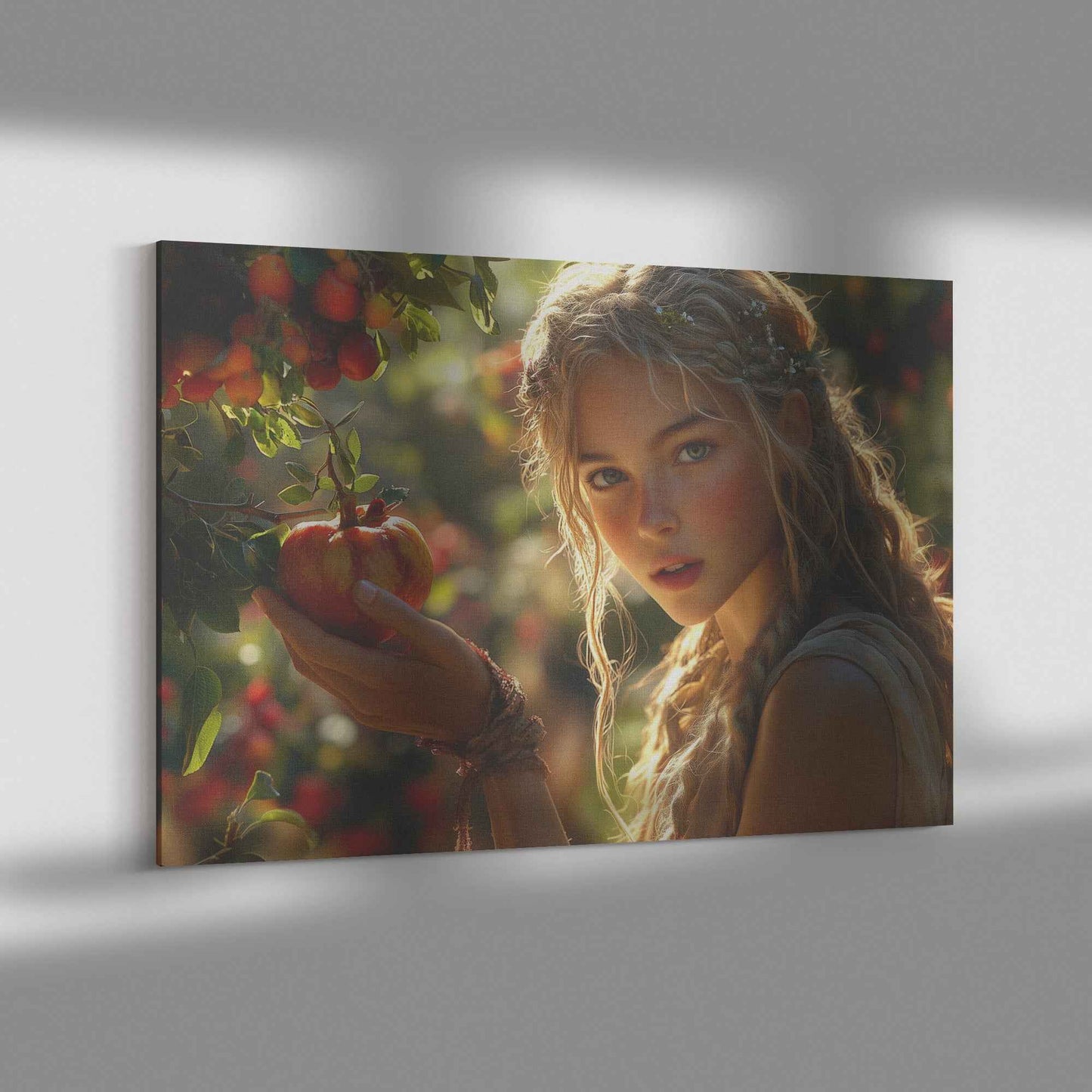 Eve's Enchantment Radiant Young Woman in Greek Toga Picking Apples   Timeless Christian Canvas Wall Art Decor