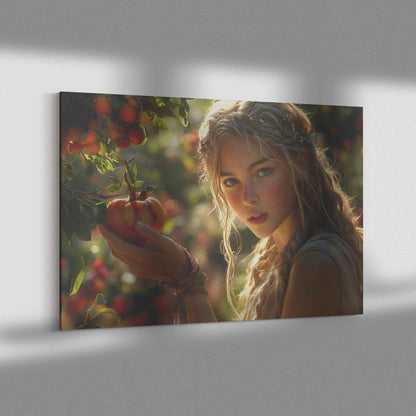 Eve's Enchantment Radiant Young Woman in Greek Toga Picking Apples   Timeless Christian Canvas Wall Art Decor