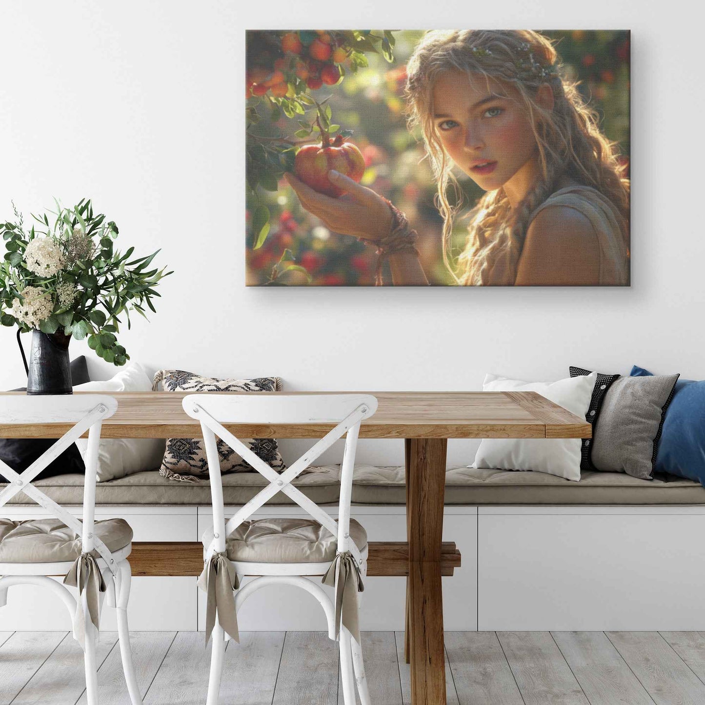 Eve's Enchantment Radiant Young Woman in Greek Toga Picking Apples   Timeless Christian Canvas Wall Art Decor