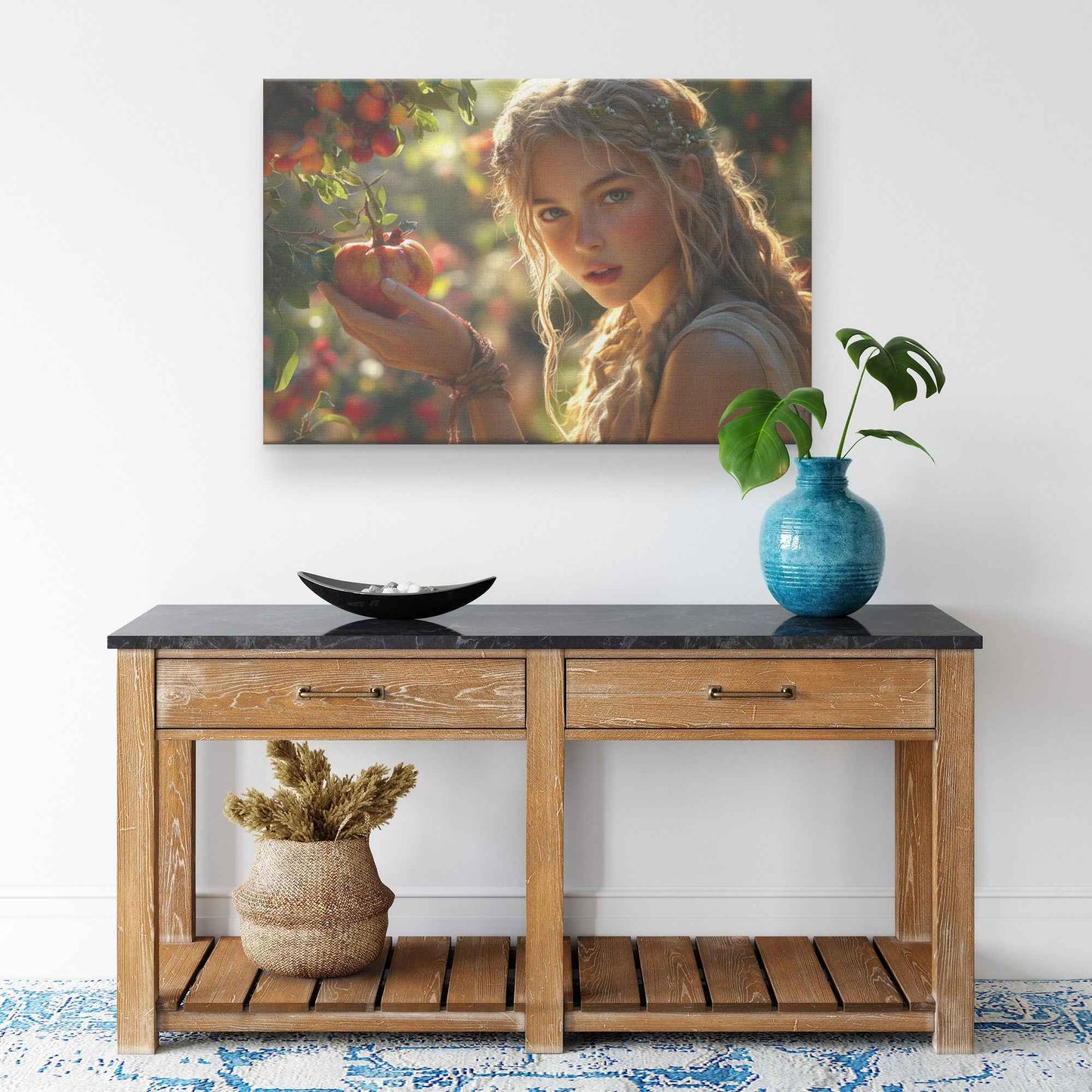 Eve's Enchantment Radiant Young Woman in Greek Toga Picking Apples   Timeless Christian Canvas Wall Art Decor