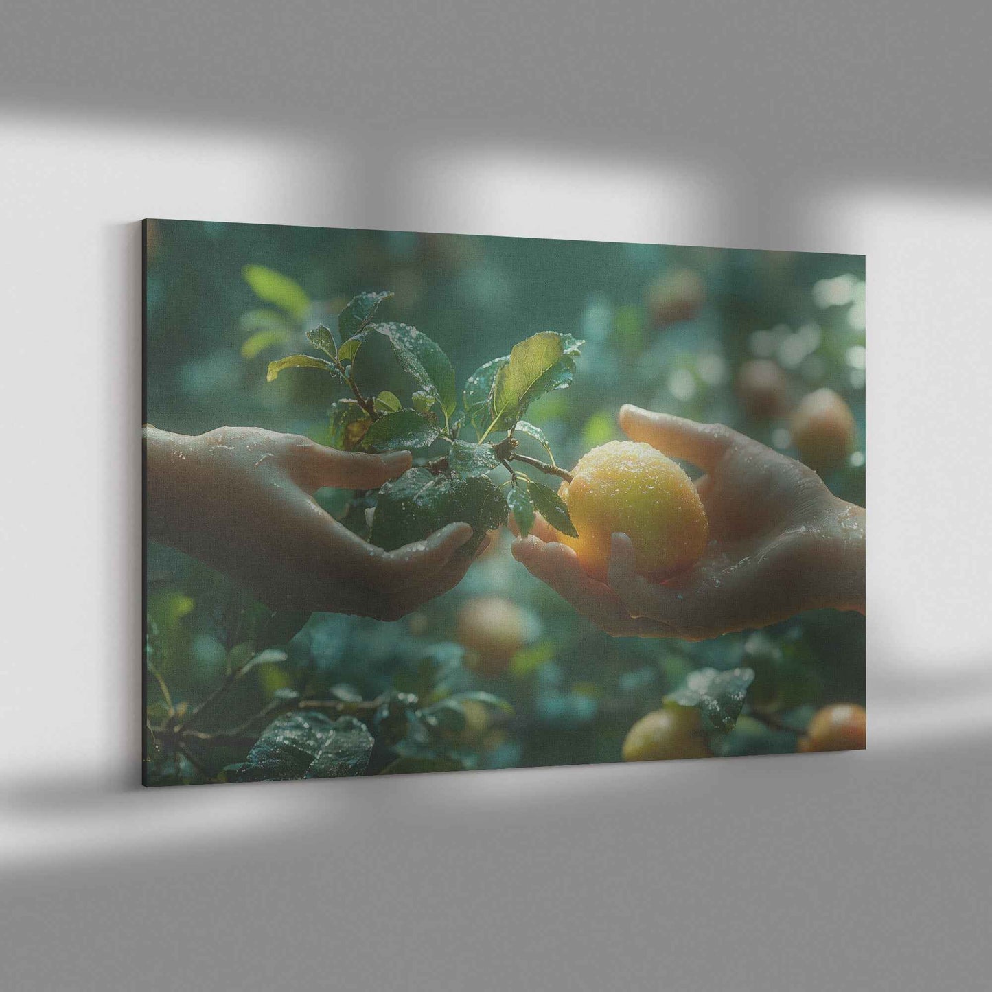 Eve's Offering: Hands Joined in Harmony Beneath the Orchard’s Canopy –  Christian Canvas Wall Art Decor