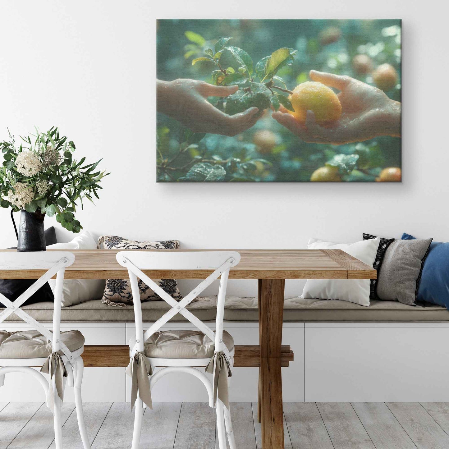 Eve's Offering: Hands Joined in Harmony Beneath the Orchard’s Canopy –  Christian Canvas Wall Art Decor