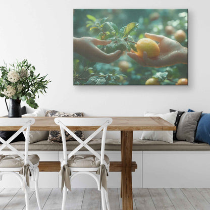 Eve's Offering: Hands Joined in Harmony Beneath the Orchard’s Canopy –  Christian Canvas Wall Art Decor