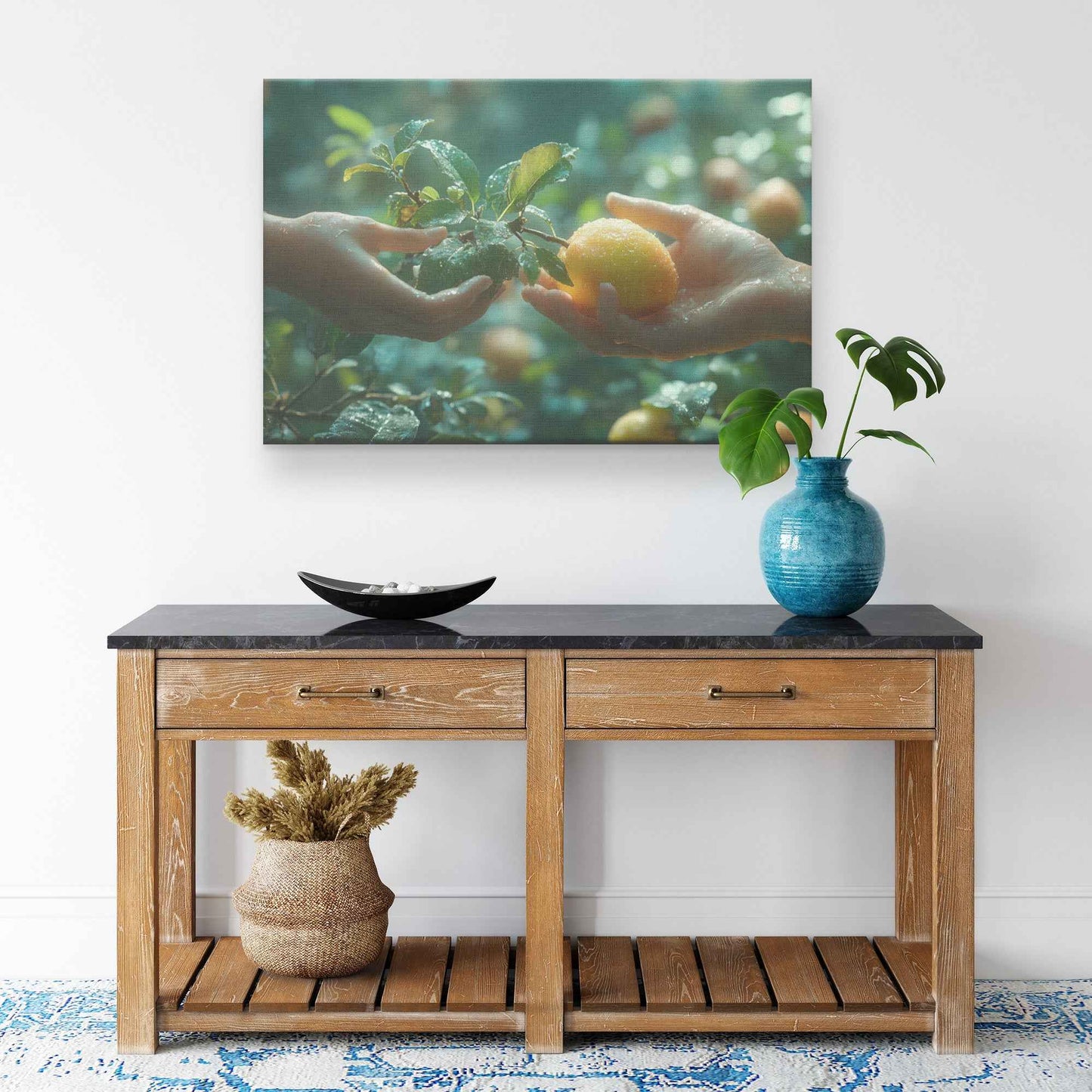 Eve's Offering: Hands Joined in Harmony Beneath the Orchard’s Canopy –  Christian Canvas Wall Art Decor