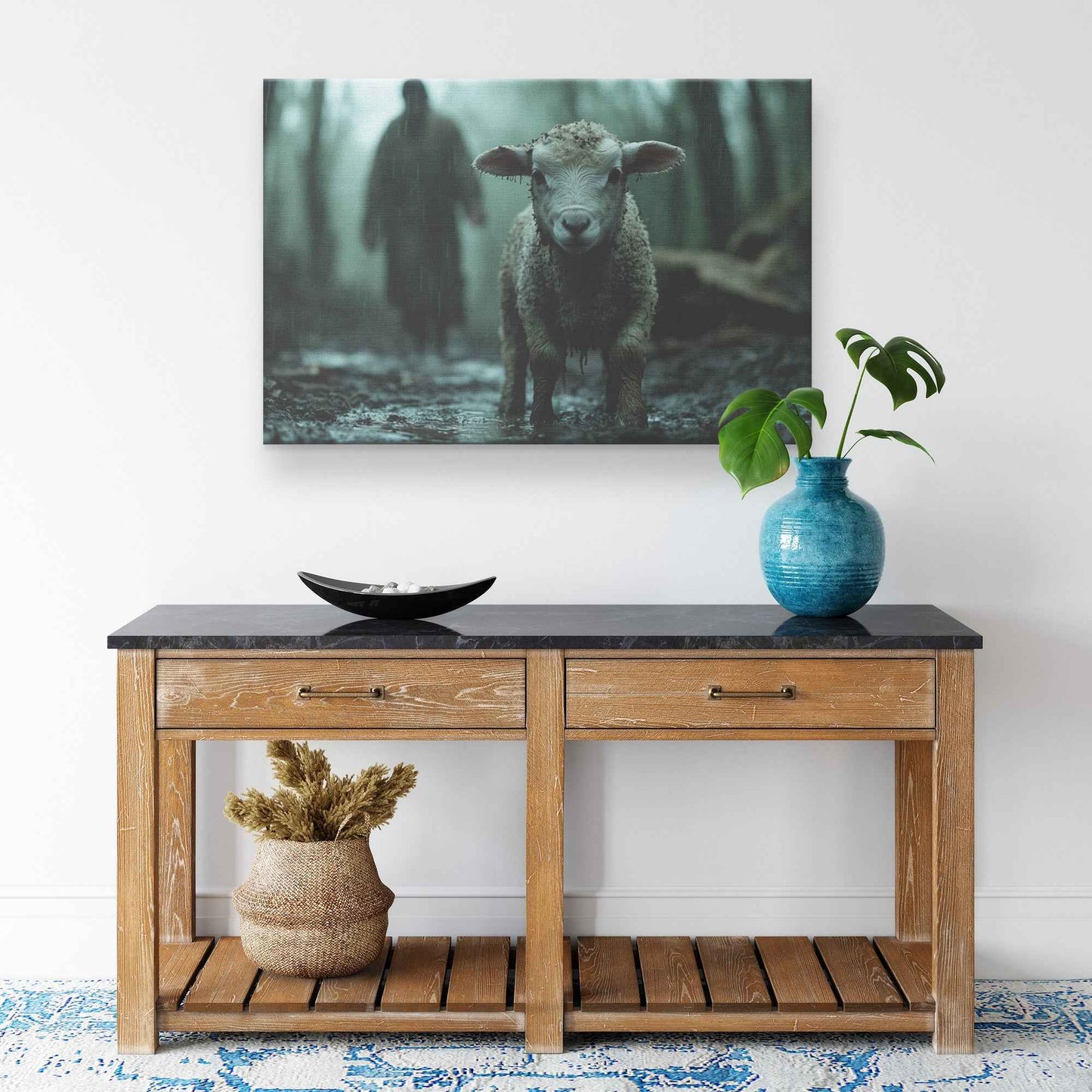 Faith in the Rain A Lamb's Plea for Comfort   Christian Canvas Wall Art Decor