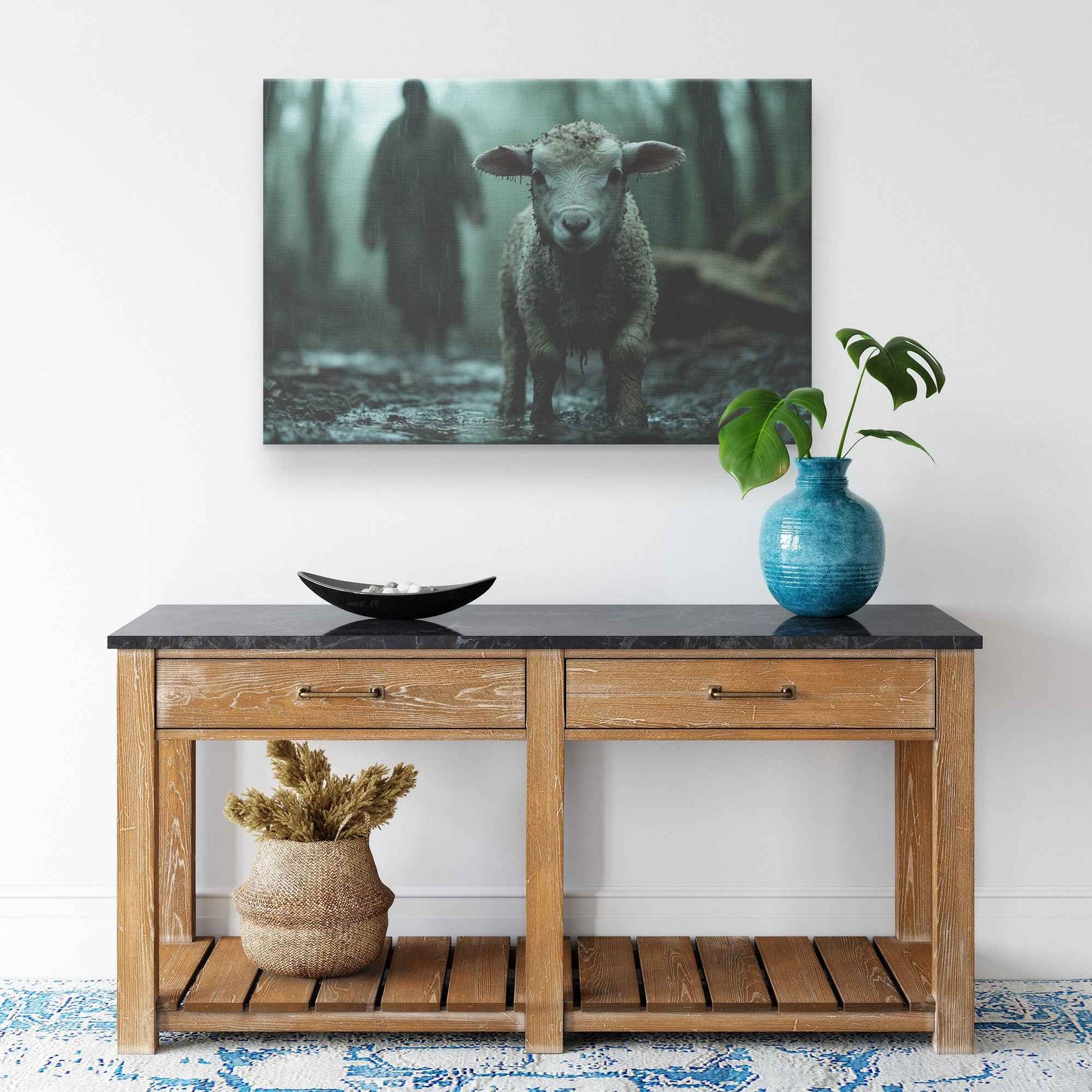 Faith in the Rain A Lamb's Plea for Comfort   Christian Canvas Wall Art Decor