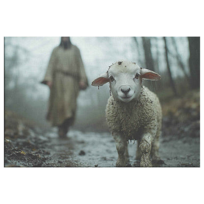 Faithful Guidance Jesus Behind the Muddy Lamb in the Rain   Christian Canvas Wall Art Decor