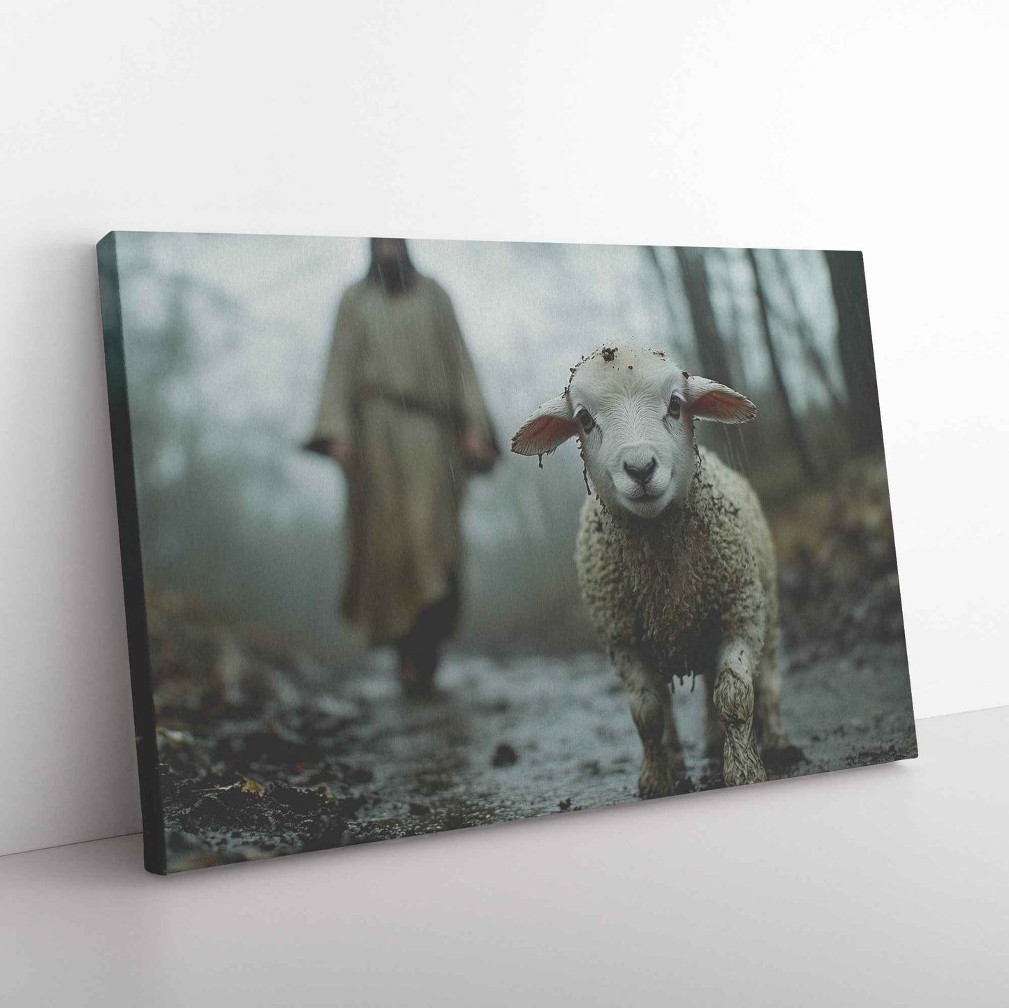 Faithful Guidance Jesus Behind the Muddy Lamb in the Rain   Christian Canvas Wall Art Decor