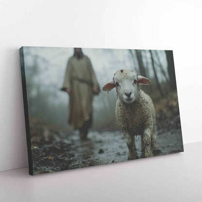 Faithful Guidance Jesus Behind the Muddy Lamb in the Rain   Christian Canvas Wall Art Decor