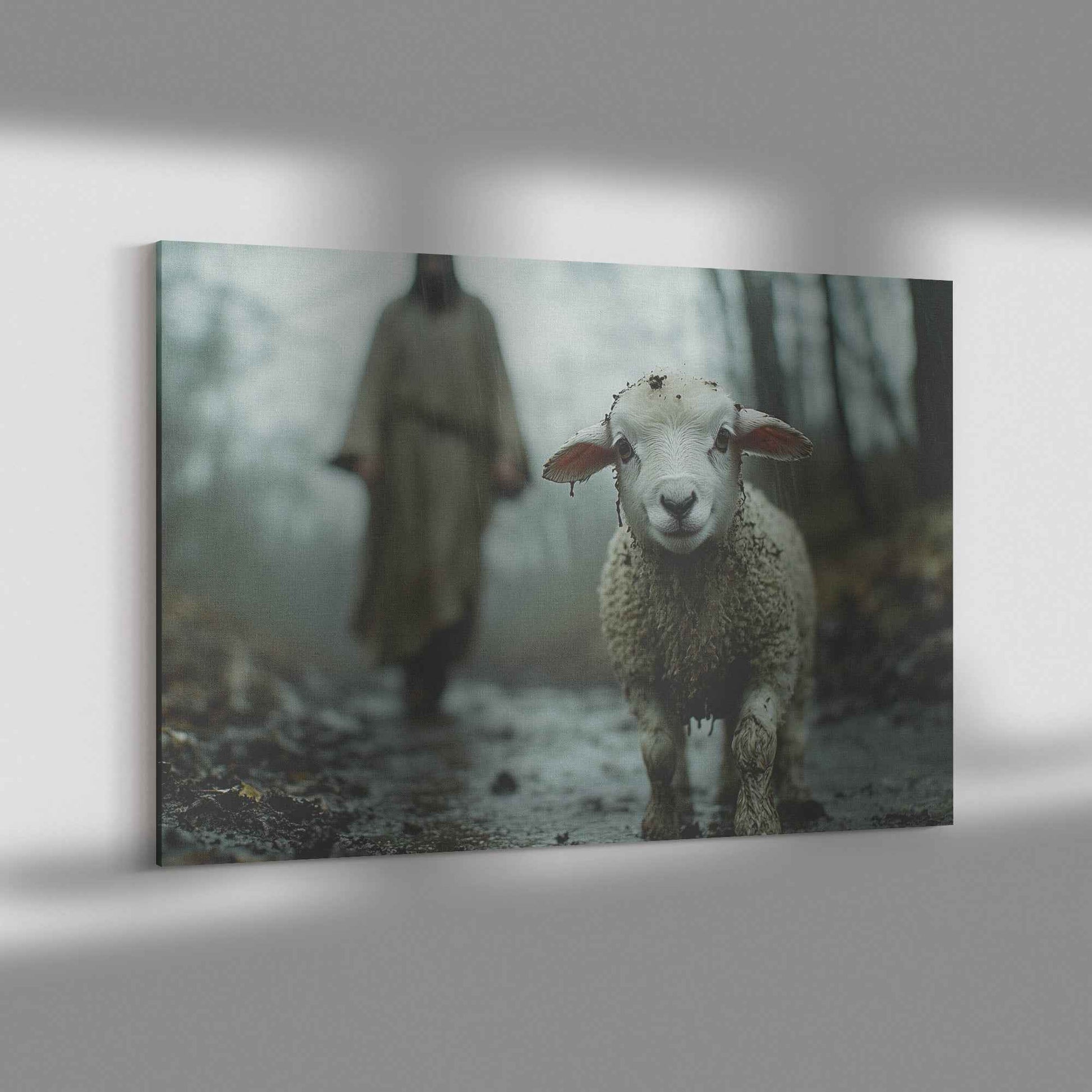 Faithful Guidance Jesus Behind the Muddy Lamb in the Rain   Christian Canvas Wall Art Decor
