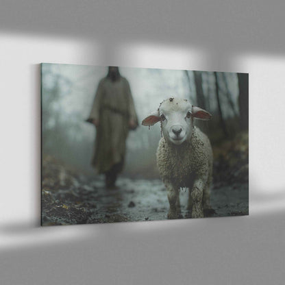 Faithful Guidance Jesus Behind the Muddy Lamb in the Rain   Christian Canvas Wall Art Decor