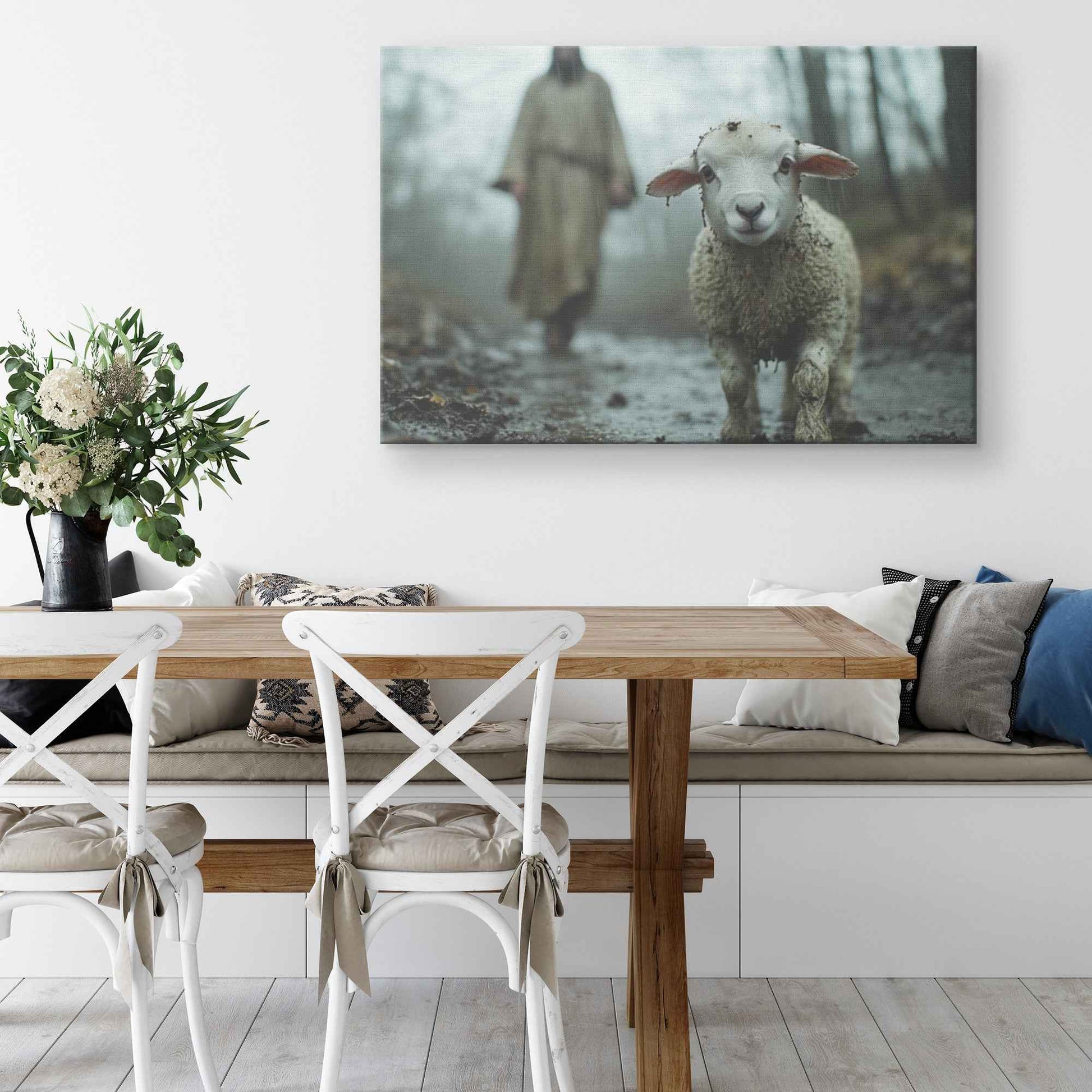 Faithful Guidance Jesus Behind the Muddy Lamb in the Rain   Christian Canvas Wall Art Decor
