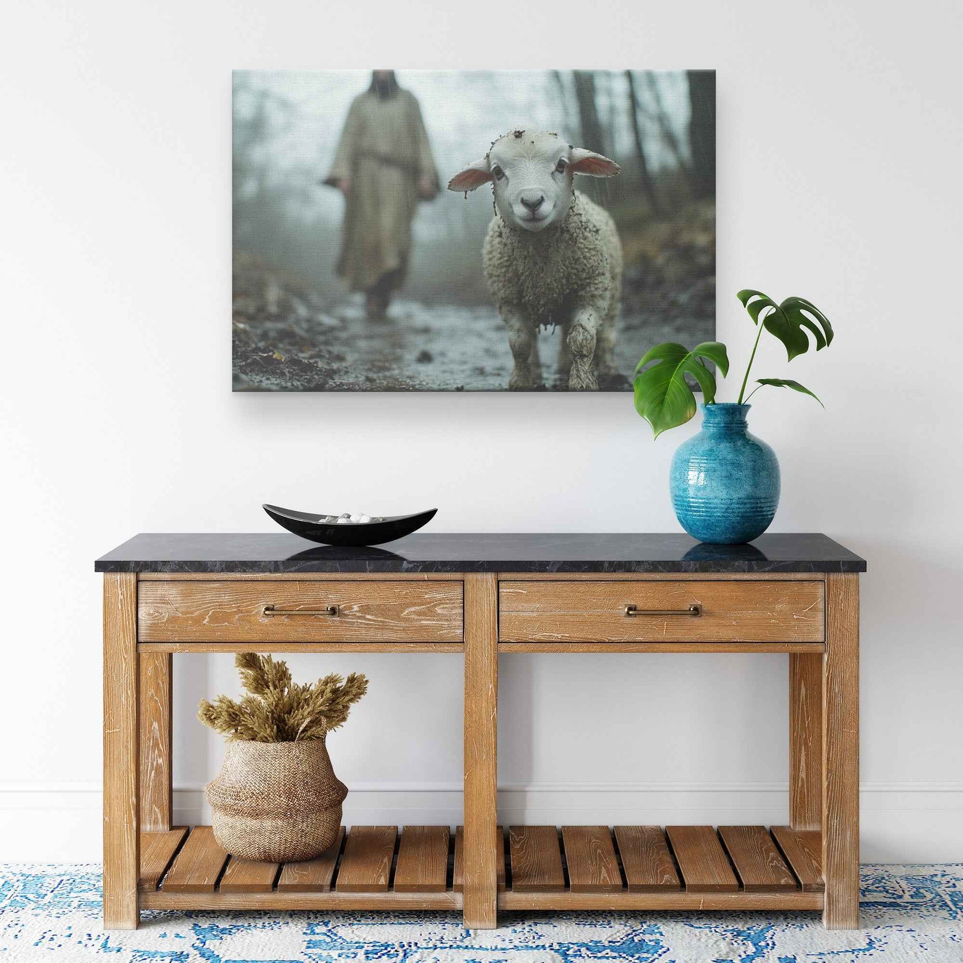 Faithful Guidance Jesus Behind the Muddy Lamb in the Rain   Christian Canvas Wall Art Decor